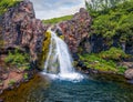 Shooting from a dron. View from down of canyon of Hundafoss waterfall. Colorful summer scene of Skaftafell / Vatnajokull National Royalty Free Stock Photo