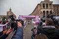 Shooting the finish line of the race winner with a sidecar. Cameras and camcorders in the hands of operators and reporters. Royalty Free Stock Photo