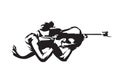 Shooting lying at biathlon, isolated vector silhouette, side view