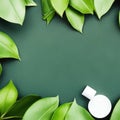 Shooting for make-up, natural cosmetics Close-up mockup with green leaves.