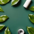 Shooting for make-up, natural cosmetics Close-up mockup with green leaves.