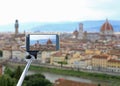 Shooting photos with smart phone and selfie stick of panoramc vi Royalty Free Stock Photo