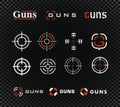 Shooting range template and icon collection. Guns or other weapon rifle sight sign set on black background.