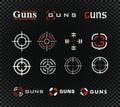 Shooting range vector template and icon collection. Guns or other weapon rifle sight sign set on black transparent