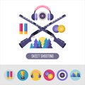 Shooting Skeet. Vector emblem. Set of design elements. Round icons.