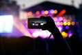 Shooting on smartphone festival concert. Blurred music stage bokeh background for design. Royalty Free Stock Photo