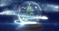 Shooting star over christmas tree in a snow globe against multiple blue stars icons floating Royalty Free Stock Photo