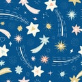 Shooting star pattern background. Bright fun vector seamless repeat design in classic blue. Royalty Free Stock Photo