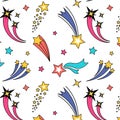 Shooting star pattern. Seamless print with unicorn falling asteroid. Magic meteors or comets with rainbow trails. Cute
