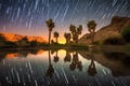 shooting stars reflecting on a serene desert oasis