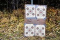 Shooting targets setup on plywood in front of trees