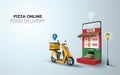 Digital Online Food Pizza Delivery on Scooter with phone