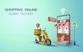 Digital Online Food Pizza Delivery on Scooter with phone, mobile website background