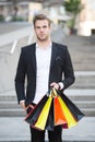 Shop alone. People find shopping partners more akin accomplices in crime. Man carry shopping bag. Guy shopped alone Royalty Free Stock Photo