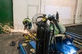 Shop assembly of metal frames for the subway cars.