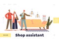 Shop assistant concept of landing page with seller helping couple to choose furniture for home Royalty Free Stock Photo