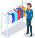 Shop assistant consultant helps buyer to choose product during shopping in clothes store in mall