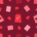 Shop bag pattern. Red gifts. Shopping packets. Valentine discount wallpaper. Repeated print for pink fashion paper. Sale