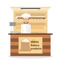 Shop bakery, baker sells freshly baked pastries. Bread, pie, pastry.