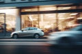 Shop boutique storefront and car in motion. Retail store or shop entrance with glass window and passing car. Generative AI