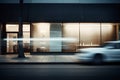 Shop boutique storefront and car in motion. Retail store or shop entrance with glass window and passing car. Generative AI