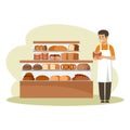 Shop of bread products. Counter. The seller holds bagels