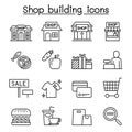 Shop building, Shopping mall, supermarket icon set in thin line style