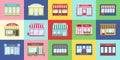 Shop buildings. Cartoon store facades. Flat colorful cards with pharmacy and boutique, cafe and bookstore. Front view of