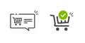 Shop cart icon line art outline vector with check mark and ecommerce basket trolley order sale notification bubble, internet web