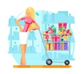 Shop cart shopping woman purchase gift flat design character vector illustration