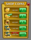 Shop coins panel, game asset with coins icons.