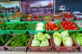 Shop counter with vegetables. Boxes with vegetables. Fresh and healthy vegetables on the market