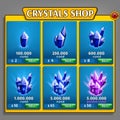 Shop of crystals panel, game asset with mineral icons.