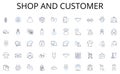 Shop and customer line icons collection. Graffiti, Concrete, Skyscrapers, Alleyways, Streetlights, Traffic, Noise vector