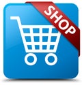 Shop cyan blue square button red ribbon in corner Royalty Free Stock Photo