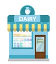 Shop with dairy products. building icon. Milk flat style. Showcases stores on the street. Vector illustration Royalty Free Stock Photo