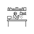 Shop disinfection black line icon. Cleaning service. Worker in protective suit with disinfector sprayer. Pictogram for web, mobile Royalty Free Stock Photo