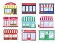 Shop flat buildings. Modern store facade cartoon boutique street building storefront restaurant houses. Shopping vector Royalty Free Stock Photo