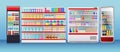 Shop fridges, refrigeration showcase with colorful product packs