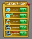 Shop gems panel, game asset with gems icons.