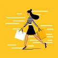 Shop Girl With Shopping Bags: Yellow Background And Striped Compositions