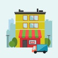 Shop house illustration with delivery van