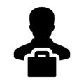 Shop icon vector male person profile avatar with shopping bag symbol for retail business and commerce in flat color glyph Royalty Free Stock Photo