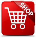 Shop red square button red ribbon in corner Royalty Free Stock Photo