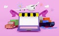 Shop on laptop with trailer and cargo ship and plane on pink background ,digital marketing plan and air cargo trucking, maritime