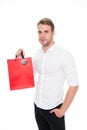 Shop with list. People overspend or buy things they not want, not need because they have not prepared properly. Man Royalty Free Stock Photo