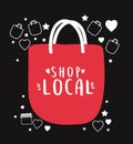 Shop local in bag with hearts and stars vector design