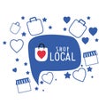 Shop local in bubble with bags hearts and stars vector design