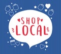 Shop local in bubble with bags hearts and stars vector design