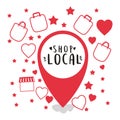 Shop local in gps mark with bags hearts and stars vector design